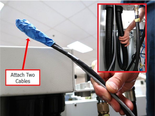 Tape together Z EHW Park Cable (Part # 009) and Z Handwheel Extension Cable to be pulled through the conduit.  Inset photo shows assembler adjusting flex conduit while feeding cable.  Cable can get caught on ribs inside.