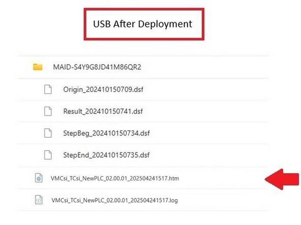 After deployment, the contents of the USB are displayed here, with the HTML file highlighted.