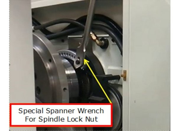 Using the special spanner wrench and the spindle hold feature to prevent the spindle from rotating, torque the spindle lock nut to 200 ft-lbs to seat the bearings, then rotate the spindle forward and backwards about 10 times each direction. 31088 torque bar can be used here as well.