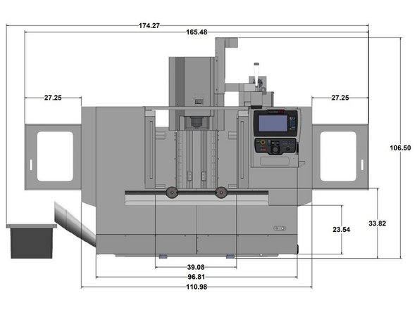 The following images show the external dimensions and locations of the feet for leveling for the TRAK TMC10.