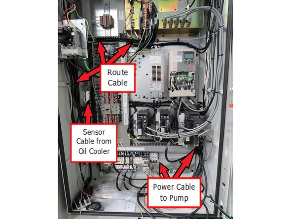 Cable routing shown for the power and sensor cables from the pump of the 12K oil cooler. Arrows show routing cables through wireways to protect them from interference  due to power sources, etc.