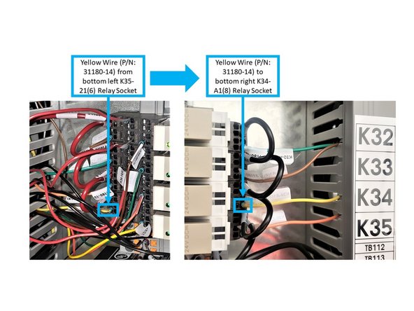 Install the Orange Wire (P/N: 31180-13) from the bottom left K34-21(6) Relay Socket, through the Wire Way, and into the bottom right K35-A1(8) Relay Socket.