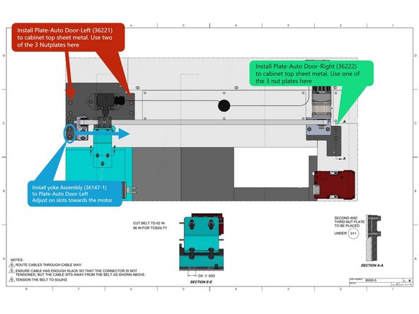 Once all of the holes have been drilled install the Plate-Auto Door-Left (36221) to the top machine sheet metal. Use 2 of the 3 nut plates to attach the plate to the top of the cabinet. See Image 1