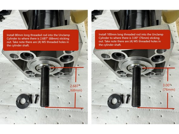 To remove the threaded rod from the Unclamp Cylinder, remove the (2) M5 SHCS and loosen the locknut. Then remove the threaded rod. The threads are left hand threads.