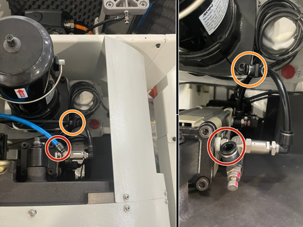 Looking in from the top of the ATC assembly, locate the blue and black air lines and remove them from the fittings on the ATC assembly.