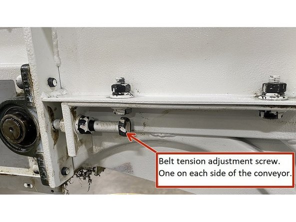 To tension the belt on the Fonge X conveyor, tighten the tension adjusting screws by hand until they make contact with the pillow blocks. Using a 19mm wrench evenly tighten the adjustment screws on the drive shaft until you feel the torque to tighten them increase then verify that the conveyor can be rotated by hand then secure the jam nuts.