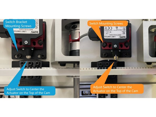 Next move the door so the switch roller is halfway up the switch cam then adjust the switch up or down so it triggers at this point. Tighten the switch mounting screws. See Photo 2