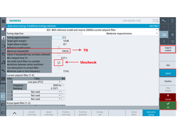 On the Speed screen, press [Copy to custom].