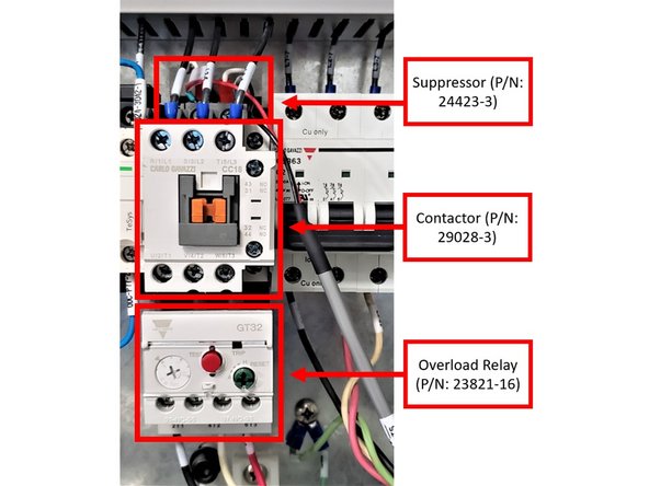 The CTS setup in the electrical cabinet will consist of the Contactor (P/N: 29028-3), the Suppressor (P/N: 24423-3), and the Overload Relay (P/N: 23821-16). Please see first image on the left for reference.