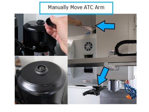 To allow for ease of movement, release motor brake by lifting brake arm up from its original down position. It may fall down, so placing a rag between the arm and the body of the motor can hold it up. Do not use excessive force.