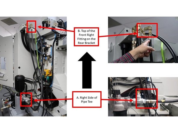 While facing the back of the machine, route coolant lines by installing a 3 m hydraulic hose on the right side of the pipe tee that also houses the Coolant Pressure Sensor (labeled as "A" on the first left image), and installing the other end to the top of the front right fitting on the rear bracket (labeled as "B" on the first left image).
