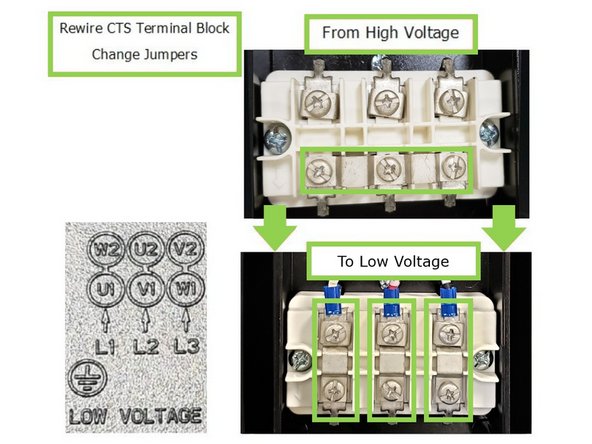 The CTS Pump will come initially wired for High Voltage: 440V, and must be reoriented for Low Voltage: 220V for all TMC models. Please refer to Part Number 31568-1 for more information.