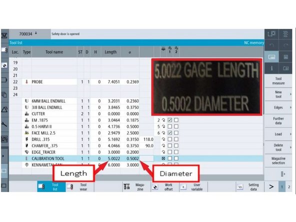 Enter the length and diameter of the calibration tool using the pop-up keypad.