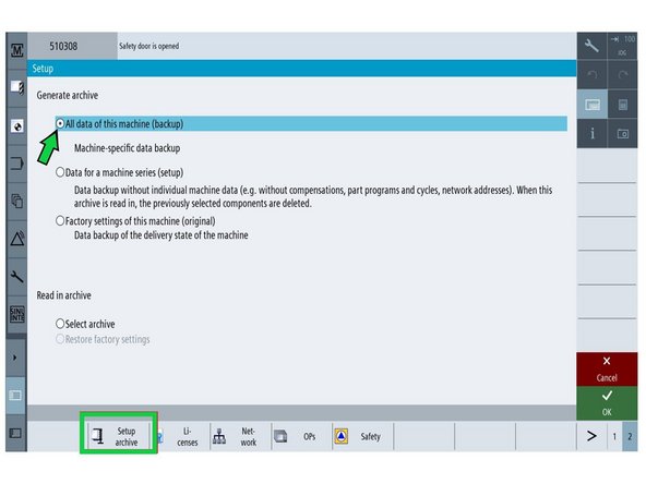 Go to [Setup] → [2nd Page] → [Setup Archive] → [All data of this machine].