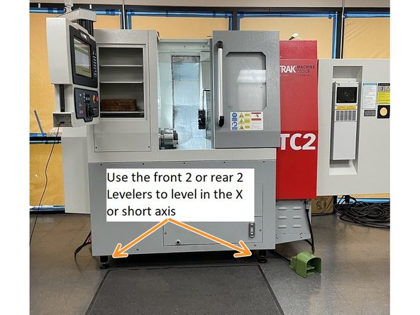 Using the 2 front or rear leveling feet, raise or lower the machine until the bubble is centered in the level. This will level the machine in the X or short axis of the machine. Again verify that there is fairly equal pressure on all 4 of the leveling feet.