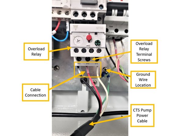 While facing the back of the machine, insert the opposite end of the CTS Pump Power Cable through the opening adjacent to the CTS Pump, and into the electrical cabinet (see third image on the left).