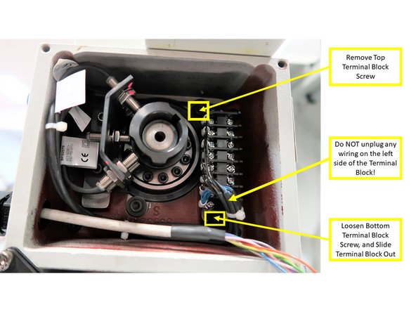 Once the Turret Logic Cable had been installed on the Sensor Housing, begin installing the Turret Logic Cable colored wires to the Sensor Housing Terminal Block. In order to assist with the wiring process, you may remove the top Terminal Block screw, loosen the bottom screw, and carefully slide the Terminal Block out of the Sensor Housing.