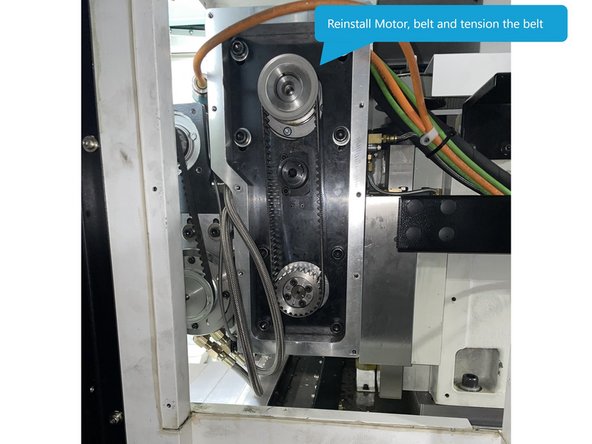 Reinstall the motor to the motor bracket then reinstall the belt. Once the belt is installed tension the belt and tighten the motor mounting screws.