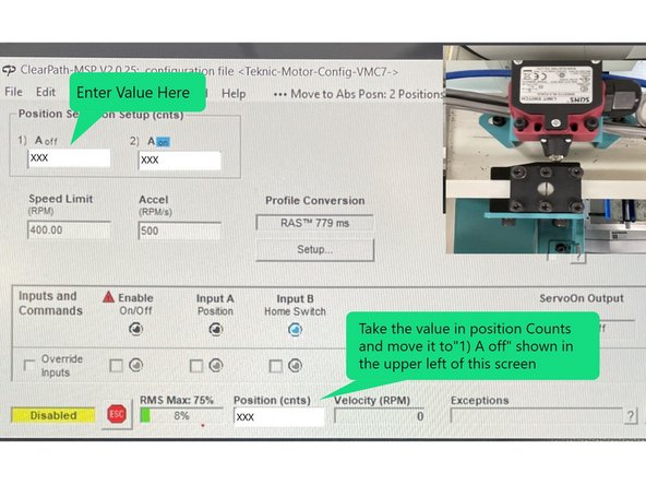 Now physically move the door to the mid point of the door open switch bracket. Read the value in the "Position Counts" text box at the bottom of the main page and enter that value into the "Position Selection Setup" "1) A off" text box in the upper left of the main page.  Note: be sure the door is not latched in the open position.