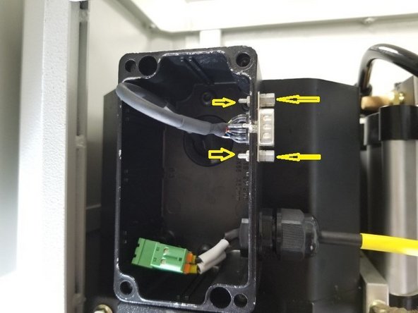 Carefully fit the encoder cable through the grommet and attach to the service box using the same jack screws and nuts. Make sure the DB9 plug is mounted so the ground wire is mounted facing the outside.