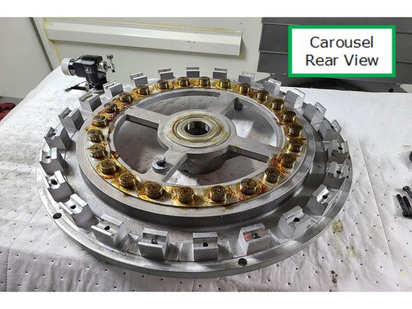 See the upper right inset from the photo which shows the Proximity Sensor activated on the segmentation cam nut. The system monitors this sensor to count carousel rotation to position the correct pot at the bottom of carousel.
