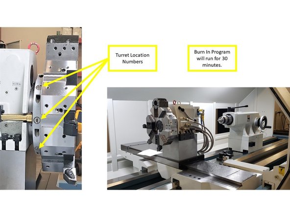 The Burn In Program will run for 30 minutes. The program will run the Hydraulic Turret to go to each tool location number in order to ensure that it runs properly without any faults. Verify if the program runs without any error.