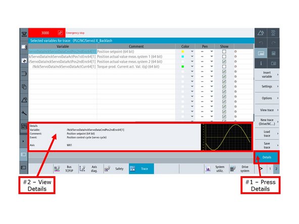 On the "Selected variables for trace" window, (1) press VSK "Details" to view detailed information on a selected variable.