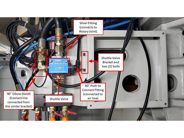 While facing the front of the machine, install the Shuttle Valve and its bracket on the right side of the sheet metal above the spindle.