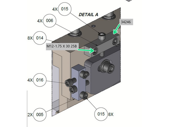 Install 2  of the 4 Bracket Adjustment-40T ATC Level (34246) to the Top X Adjustment Bracket (34265-2) with 4 M12-1.75X30 SHCS and tighten.  Install two (2) M12 eye bolts into the threaded holes in the Level adjustment brackets for lifting the ATC bracket up onto to the machine column.
