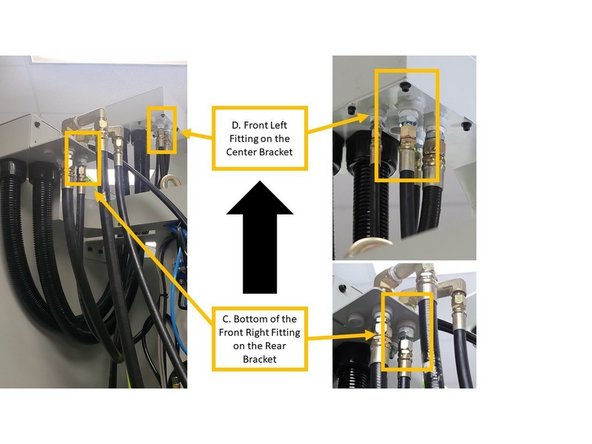 From the rear bracket, continue the coolant line by installing a 1.6 m hydraulic hose at the bottom of the front right fitting (labeled as "C" on the second left image), and installing the other end to the front left fitting on the center bracket (labeled as "D" on the second left image).