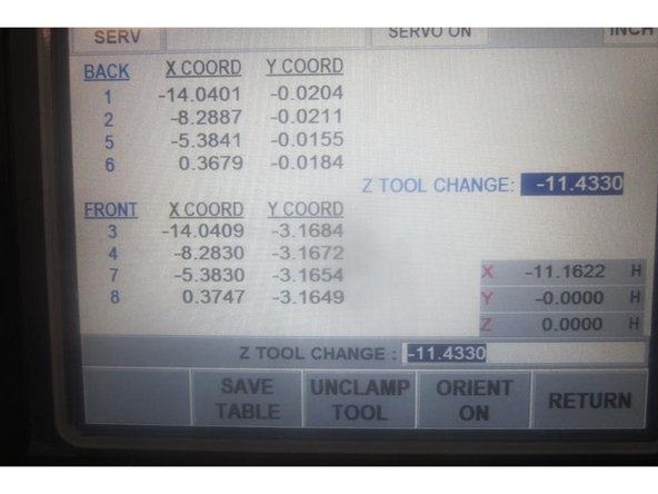 Go to service code 520. Press the &quot;ATC front&quot; key, &quot;Go&quot; key then the &quot;Input table&quot; key. The ATC comes forward and the tool locations are displayed. Use the hand wheel to highlight the Z Tool Change. Note the DRO display in the lower RH corner.
