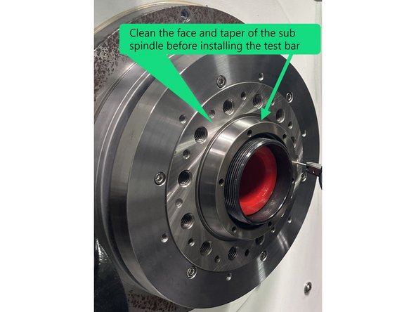 Next you need to clean the spindle face and taper and check for any debris stuck to the spindle face or taper. Then check for any knicks or dings and remove with a fine stone (1000 or 1500 grit). Do the same to the test bar mounting surface, then wipe the spindle face and test bar clean with a soft cloth and install the test bar to spindle face.