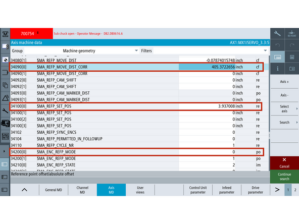 MD34090 $MA_REFP_MOVE_DIST_CORR. The calibration itself, the offset between machine zero and the encoder zero. The control writes it, not you.