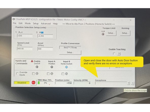 Once you have entered the position Counts, verified the door locks and checked the door inputs and outputs, open and close the door a few times using the Auto Door button on the Siemens control panel and verify there are no exceptions or errors.