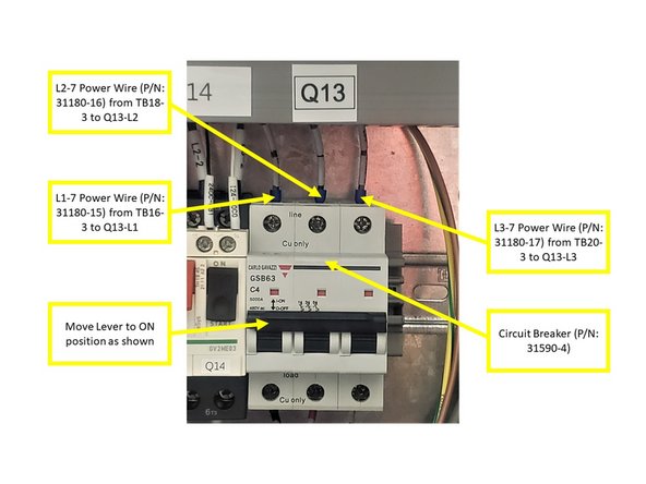 Install the following Power Wires from the Terminals, through the Wire Way, and into the Circuit Breaker (please see second and third images on the left):