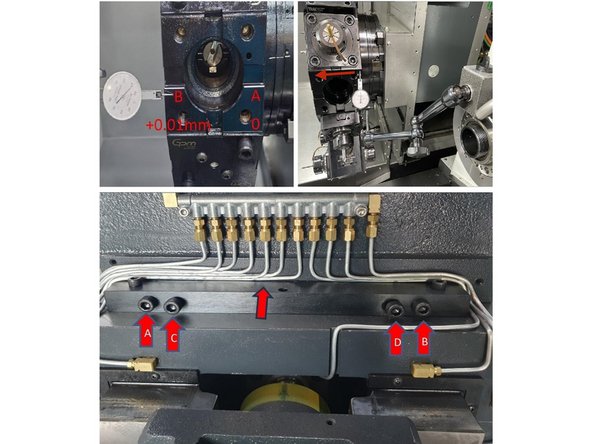 To adjust the Horizontal accuracy use the screws marked A, B, C &amp; D below in photo 2. You can loosen A to adjust C or loosen B to adjust D to bring the horizontal accuracy of the turret back to within 0.0004"/3.5" (0.01mm/90mm).