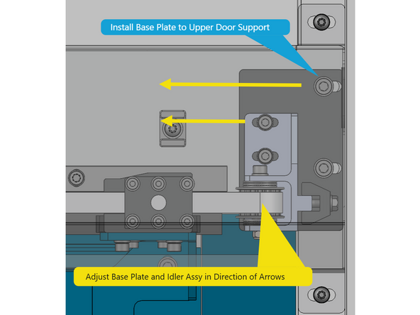 Attach the base plate and idler pulley assembly to the enclosure on the right side of the upper door support bracket with (2) M6X20 SHCS with flat and serrated washers (remove existing screws and replace with above hardware). See Photo 1.