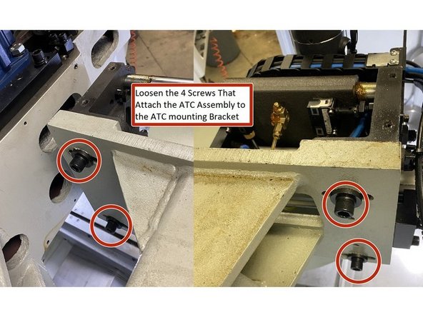 To align the ATC carousel in the X Axis loosen the four (4) M16 screws that attach it to the ATC mounting bracket. Loosen them but leave them snug.