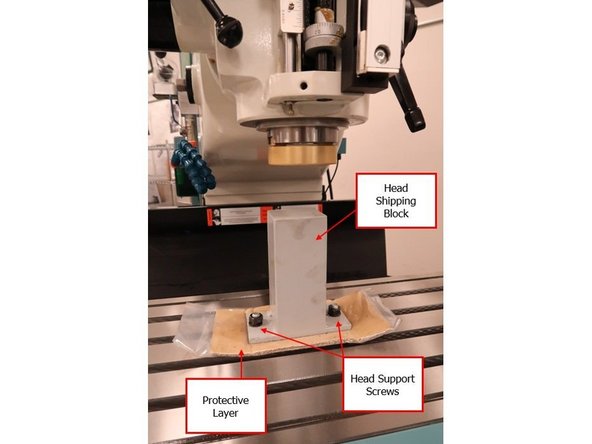 Install the entire head shipping block set onto the worktable by placing the protective layer first above the head support screws.