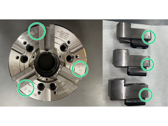 Reinstall the center cap and chuck jaws. The jaws and chuck are numbered, return the jaws to the corresponding location on the chuck. Torque the jaws to 47ft-lbs. See Photos 2 and 3