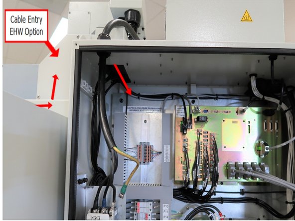 Route wires thru the cabinet from the top thru the removed Cable Entry Sheet Metal panel (Part # 18) and into the electrical cabinet as shown.