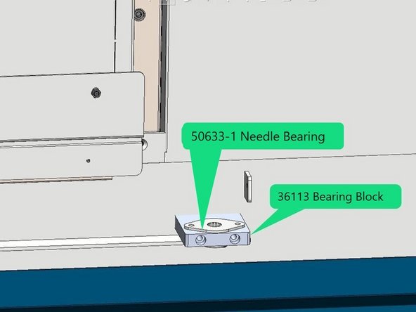 Install the 56033-1 needle bearing to the 36113 bearing block, then install the bearing block to the lower rail mounting plate as shown in photo 1.