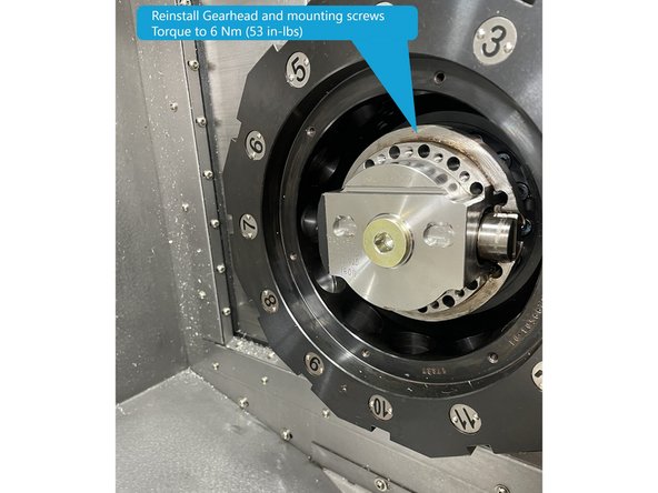 Reinstall the gearhead and all 16 screws. You will need to rotate the Gearhead 360 degrees to access all 16 screws. Torque the screws to 6 Nm (53 in-lbs) in a crossing pattern.