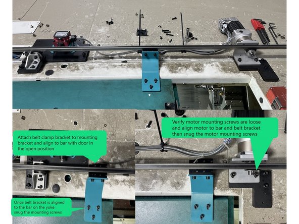 Install the 2 pieces of SWI-TOOL-073 to the motor and yoke pulleys, and then install the alignment bar to the pulleys. See Photo 1