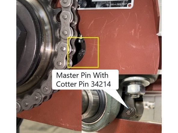 If conveyor can be run under power, jog it around until you can see the master link pin on the belt. It is the pin with the cotter pin in it, and visible from the chain side of the conveyor. Move it to a spot where you can remove the cotter pin and also be able to drive the pin out with a small punch. Do not remove master pin at this time.