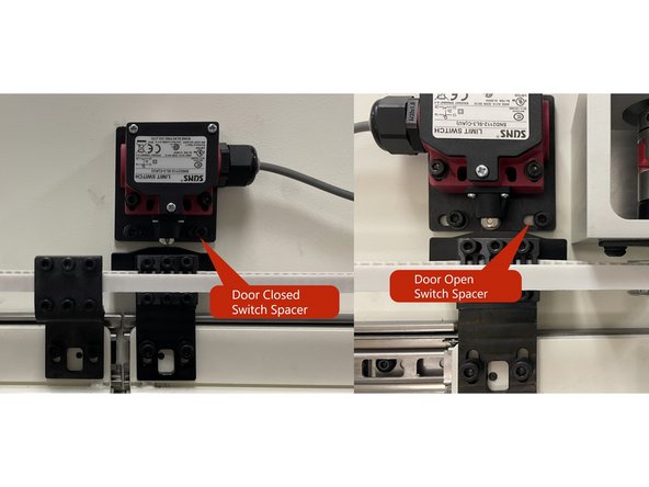Locate and install the Door open and close switch spacers 36174 (qty 2)to the upper rail mounting plate using (2) M5-0.8 X 12 SHCS with serrated and lock washers per spacer. See Photo 1