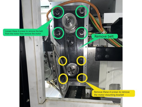 Loosen the screws circled in green to loosen and remove the belt. Once the belt is removed, remove the screws to remove the motor.