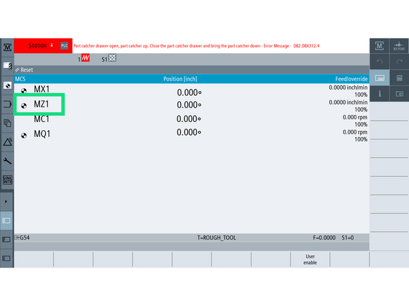 Go to [Setup] → [Mach. Data] → [Axis MD] → [Select Axis] → [MZ1/SERVO] → [OK].