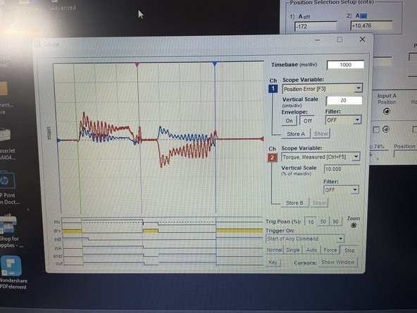 Once the scope opens, set the time base to 1000, verify that channel 1 Scope Variables are set to Position Error, Vertical Scale 20.00 and the Envelope and Filter are both off. See Photo 2