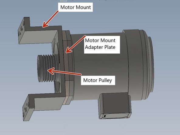 Once the old motor has been removed, remove the motor mount, motor adapter plate and pulley and install them on the new motor. Install the motor mount to the motor using only the 2 rotational screws at this time. When installing the pulley align it so that the taper lock is flush with the motor shaft.